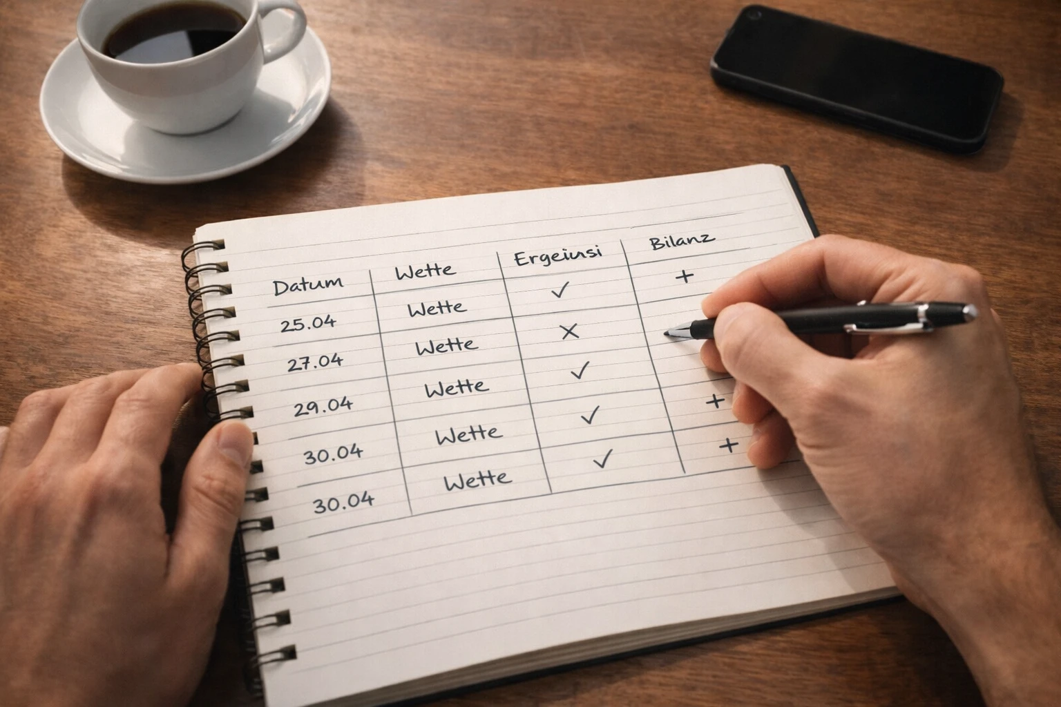 Geordnetes Notizbuch mit Wettprotokoll und Kaffeetasse auf dem Schreibtisch