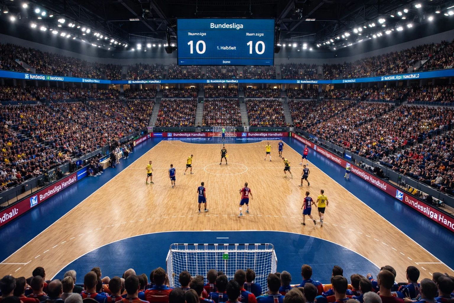 Moderne Handball-Bundesliga Arena während eines Spiels mit vollen Zuschauerrängen