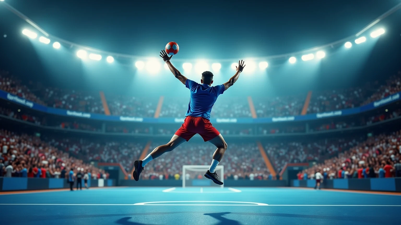 Spannender Handball-Spielmoment in einer modernen Arena mit Zuschauern