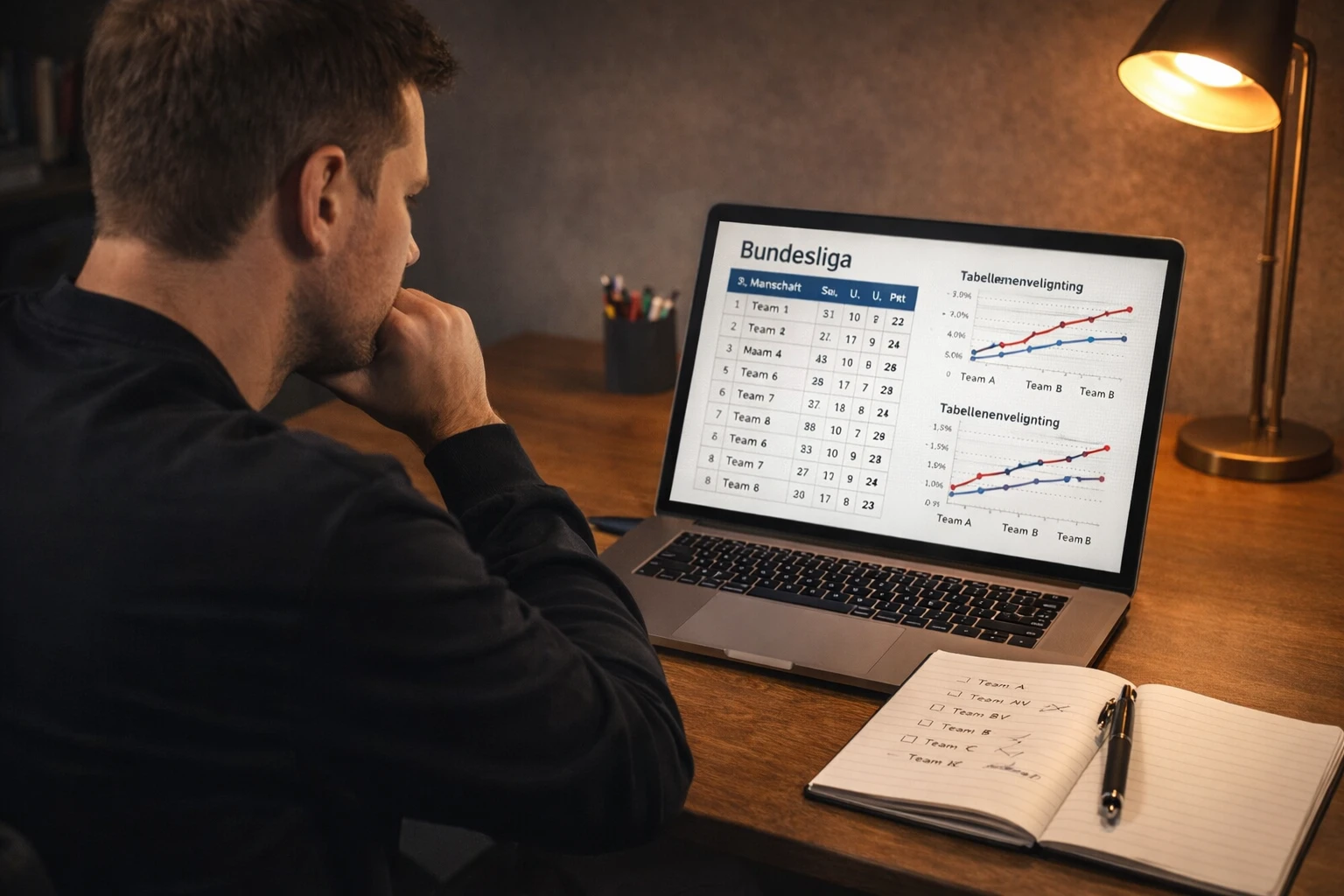 Person analysiert Handball-Statistiken am Laptop mit Notizbuch