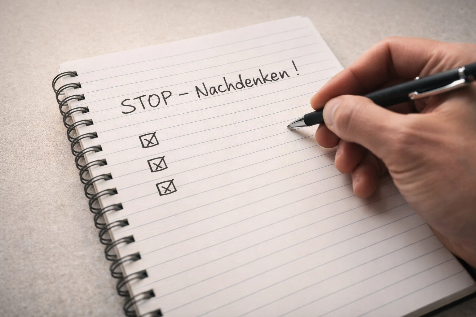 Notizbuch mit dem Wort STOPP als Symbol für überlegtes Wetten
