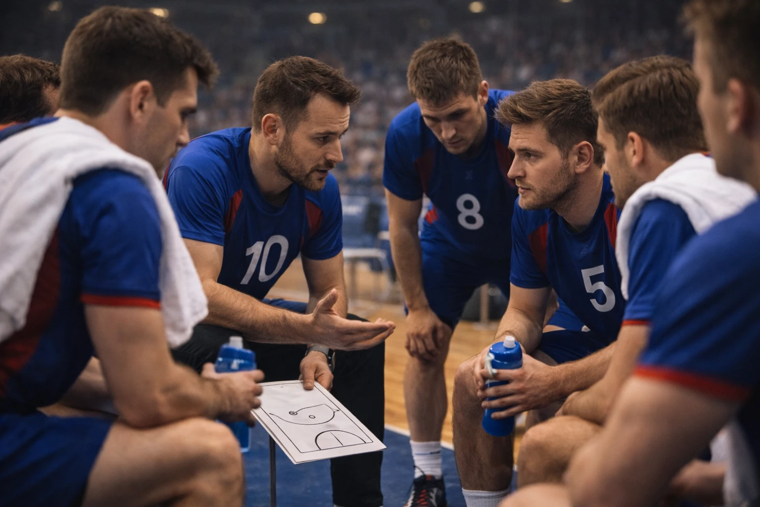 Handball-Team bei der Halbzeitbesprechung mit dem Trainer in der Arena