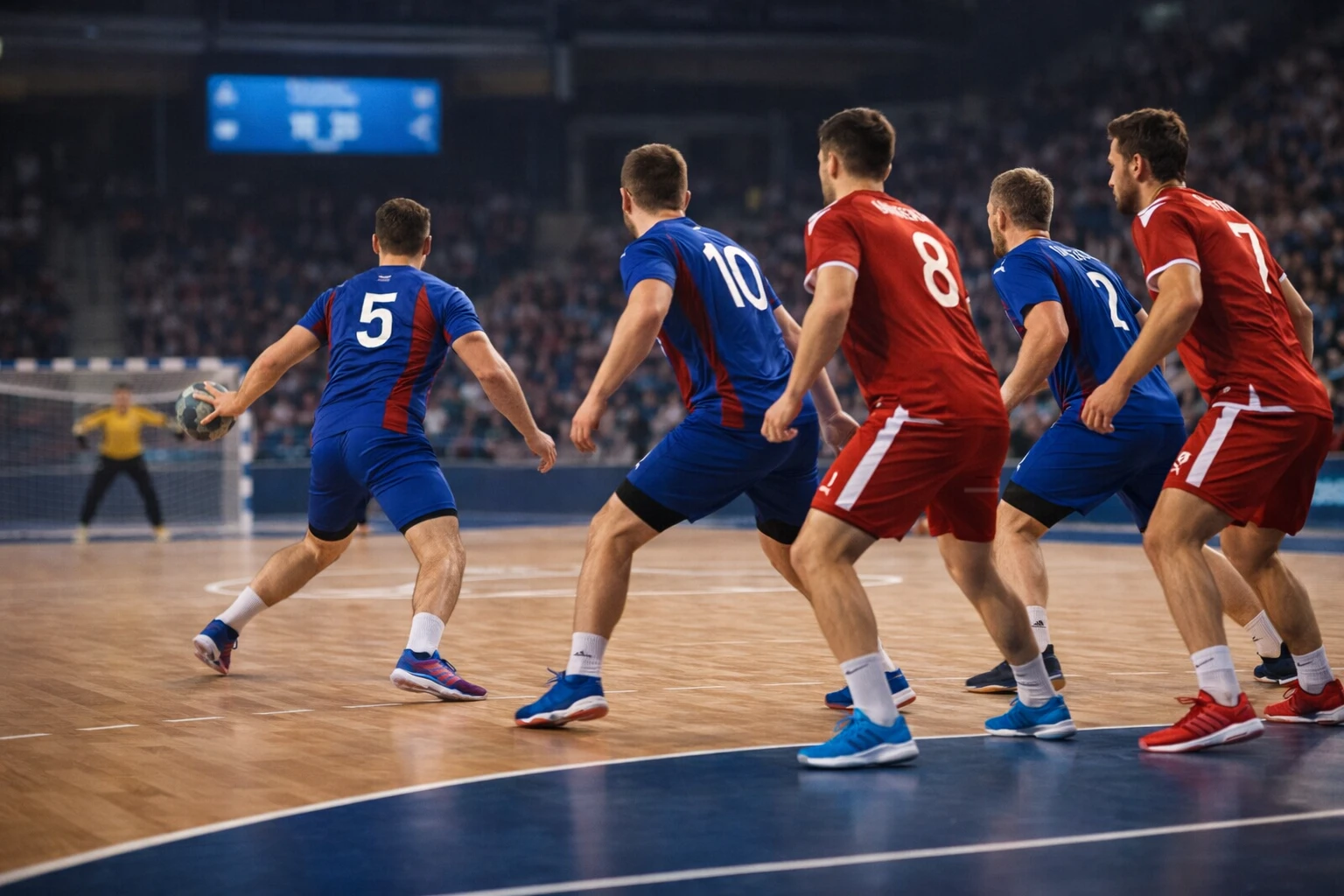 Zwei Handball-Teams stehen sich auf dem Spielfeld gegenüber und zeigen den Wettbewerbsunterschied