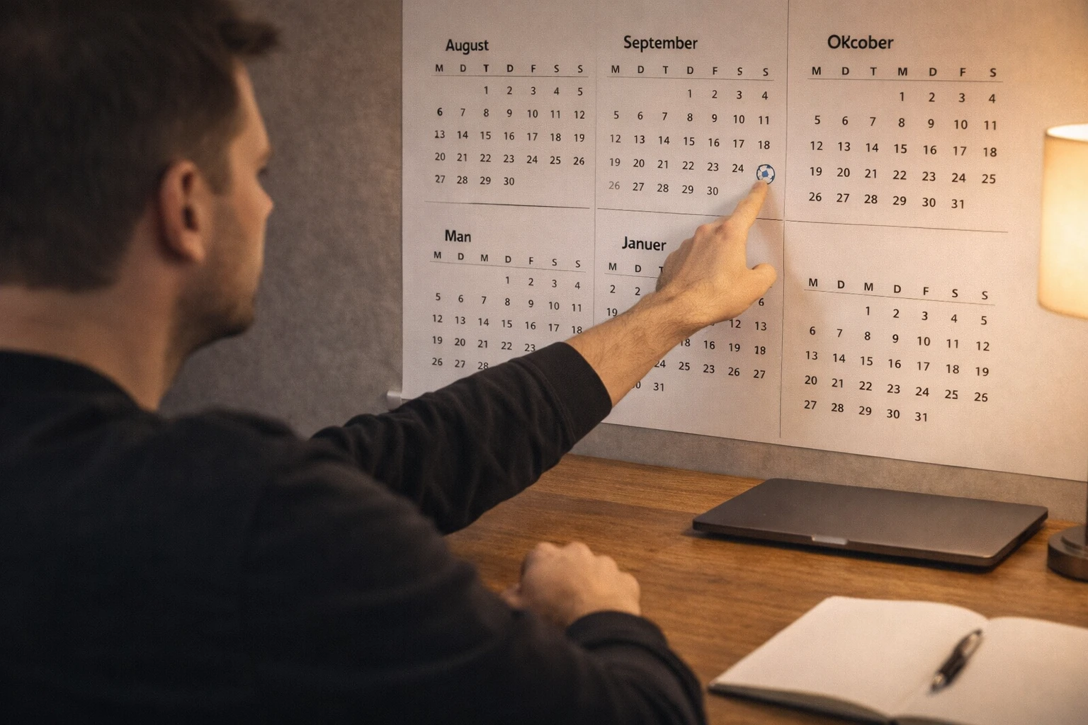 Person plant langfristige Wettstrategie am Schreibtisch mit Wandkalender