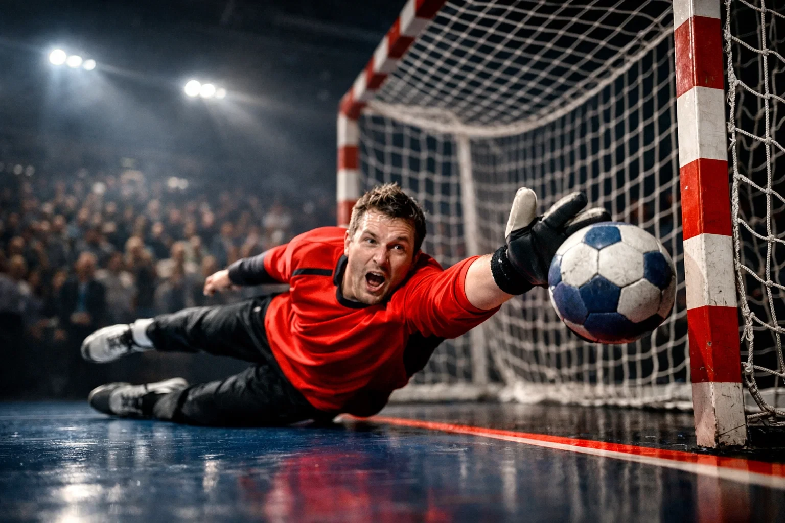 Handball-Torwart bei einer dramatischen Parade im Sprung