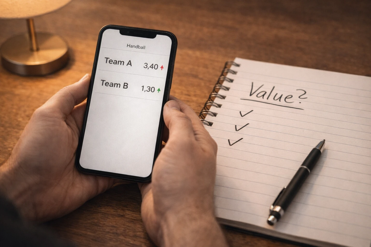 Smartphone mit Quotenbewegungen und Notizbuch mit Value-Analyse auf dem Schreibtisch