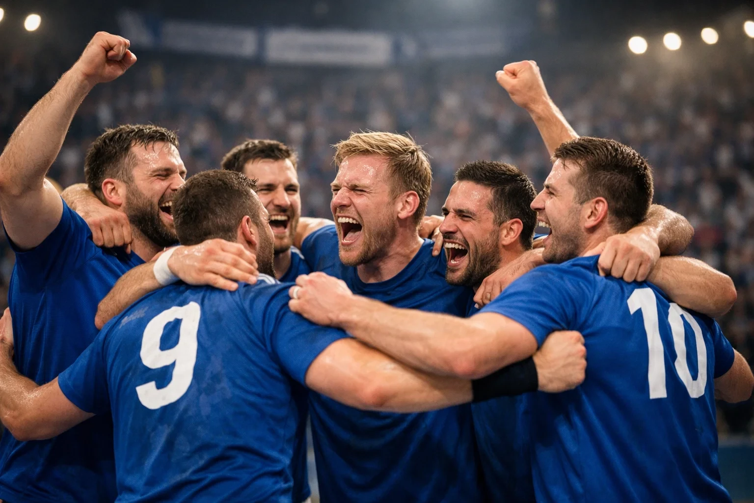 Handball-Team feiert gemeinsam einen Sieg auf dem Spielfeld