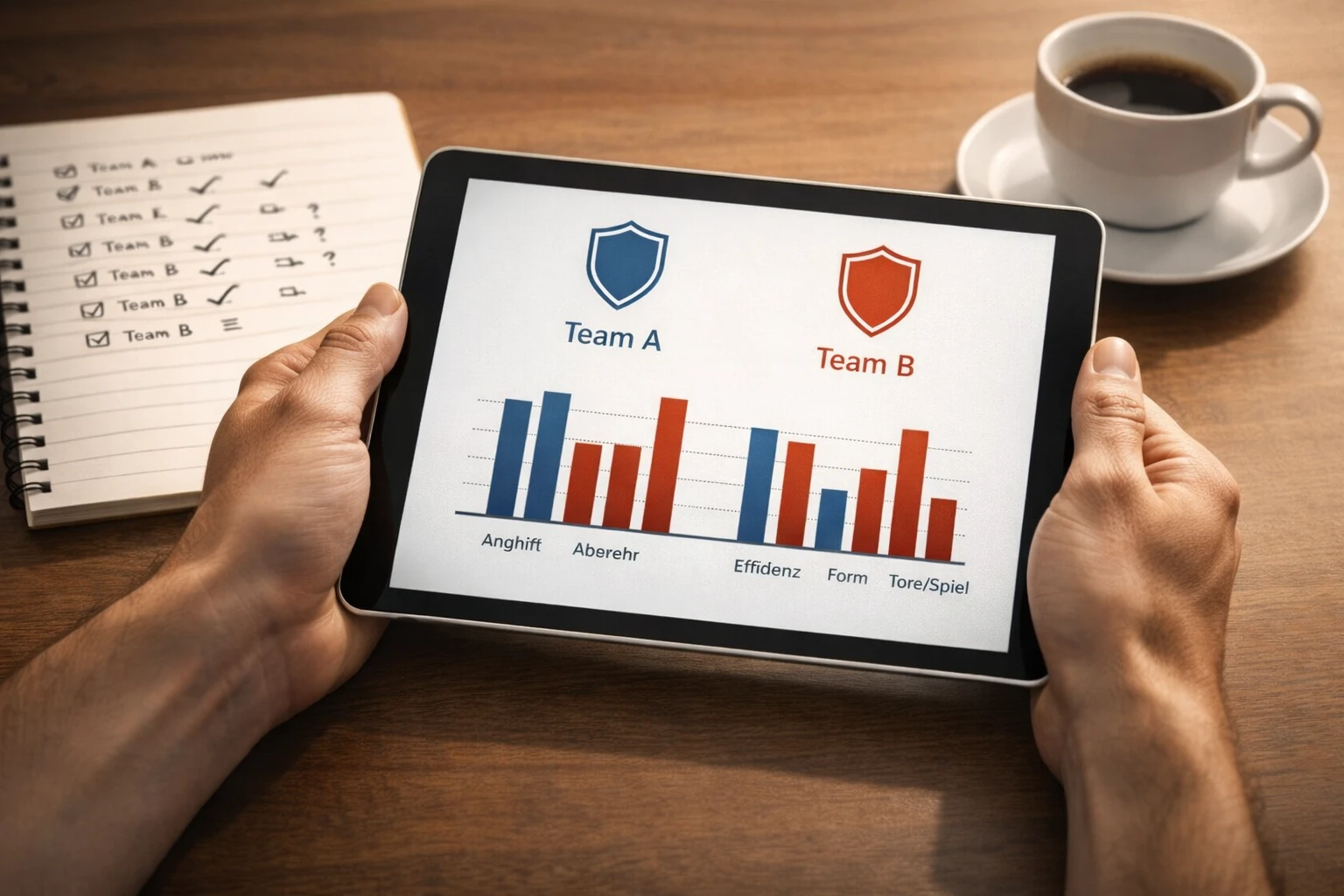 Tablet mit Teamvergleich und Notizbuch für Handicap-Analyse