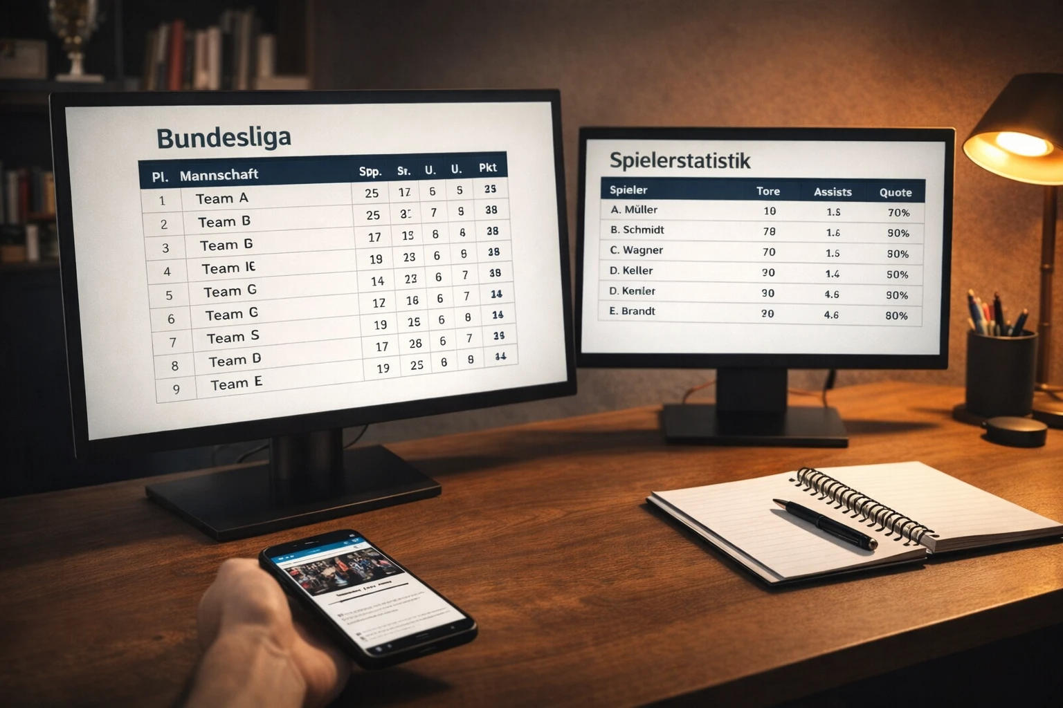 Moderner Arbeitsplatz mit mehreren Bildschirmen für Statistik-Recherche