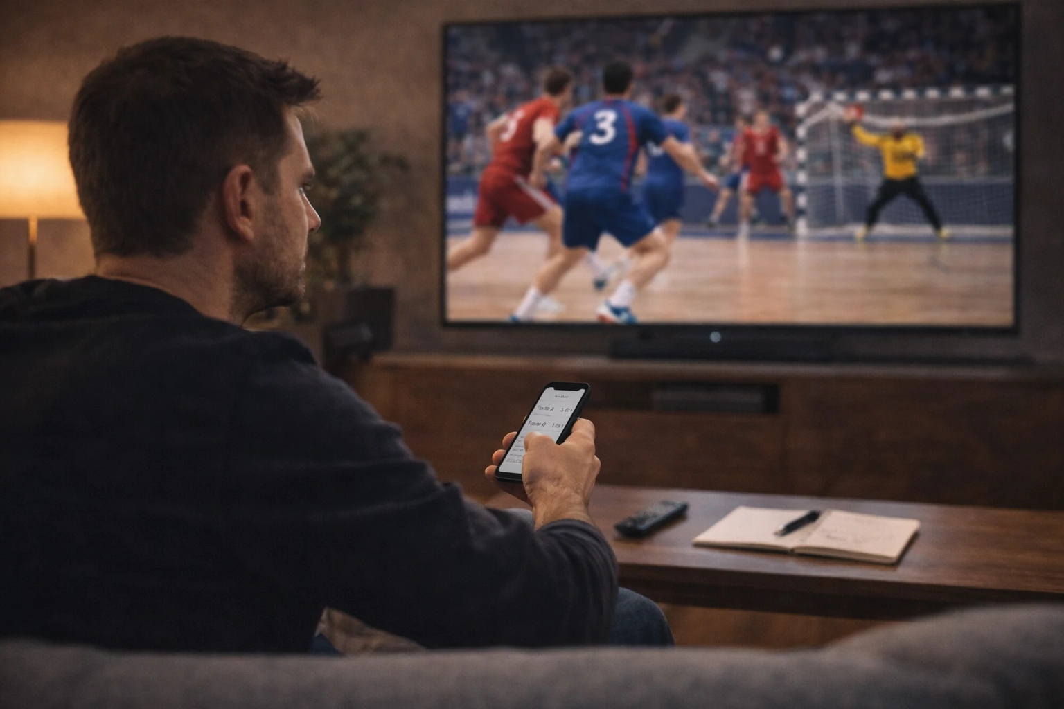 Person analysiert aufmerksam ein Handball-Spiel im Fernsehen für Live-Wetten