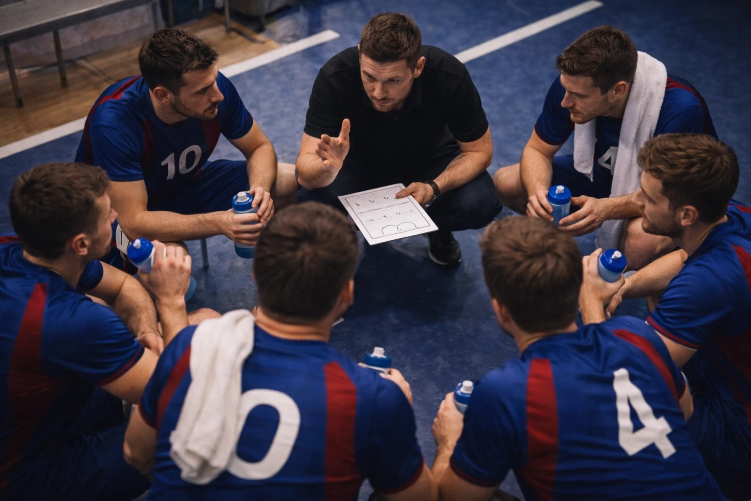 Handball-Team während eines Timeouts mit Trainer bei der Taktikbesprechung