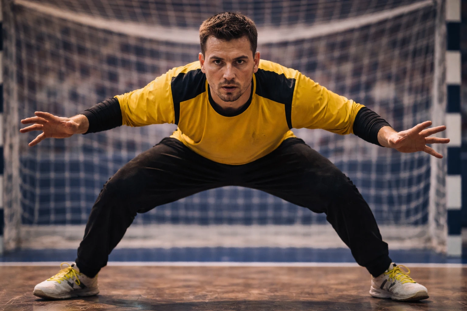 Konzentrierter Handball-Torwart in Bereitschaftsposition als Schlüsselspieler