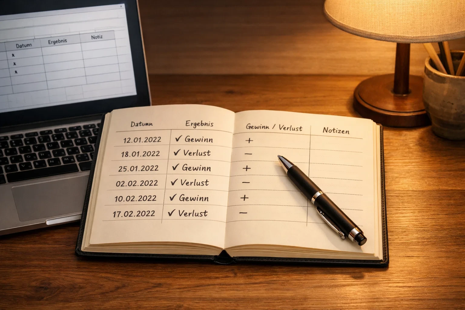Geordnetes Notizbuch mit Wettaufzeichnungen und Laptop mit Tabelle