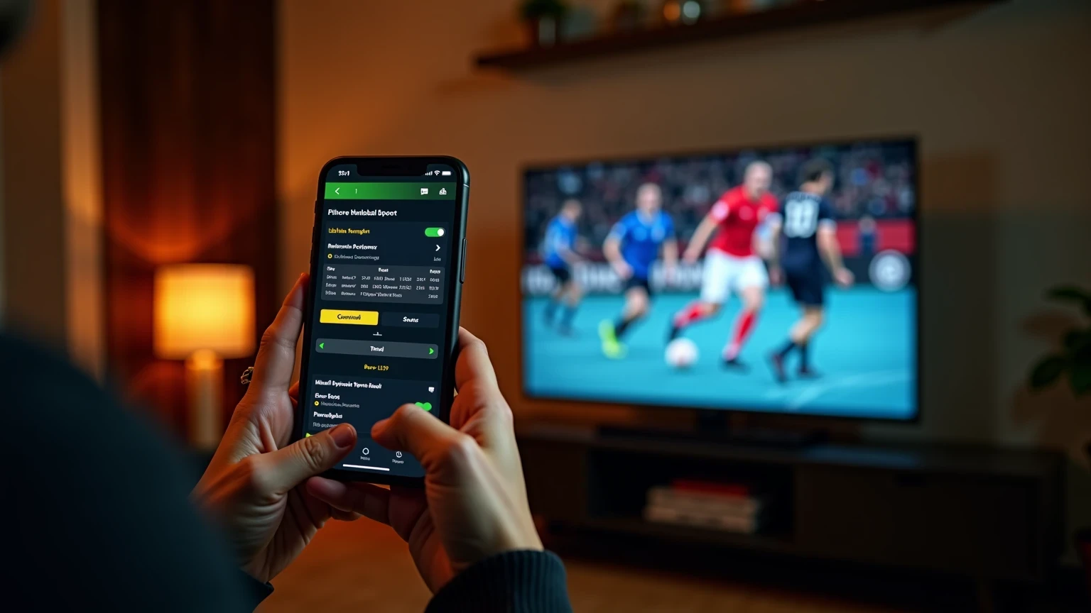 Smartphone mit Live-Wetten-App während eines laufenden Handball-Spiels im Hintergrund