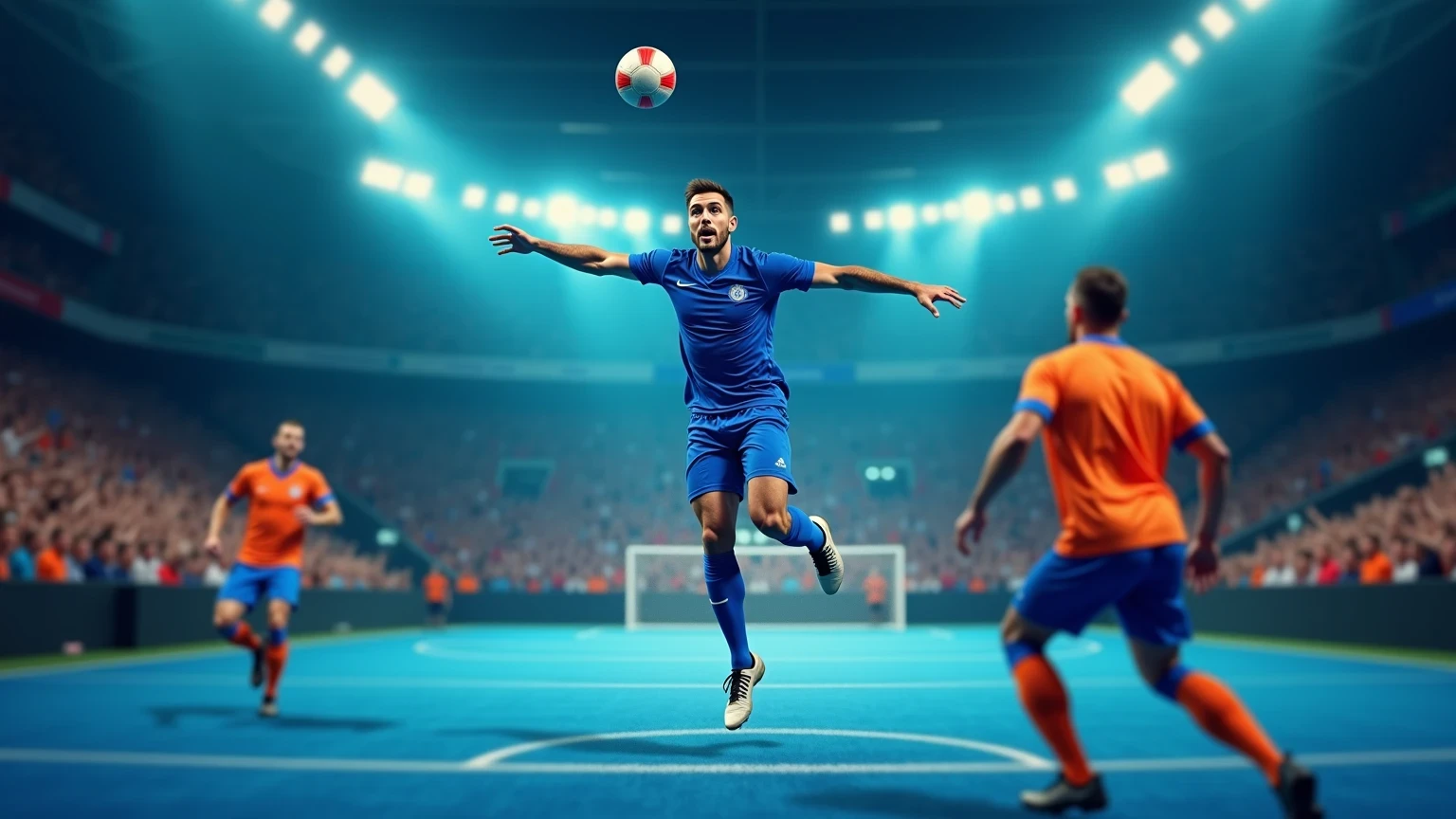 Dramatischer Handball-Spielmoment mit Torwurf in einer voll besetzten Arena